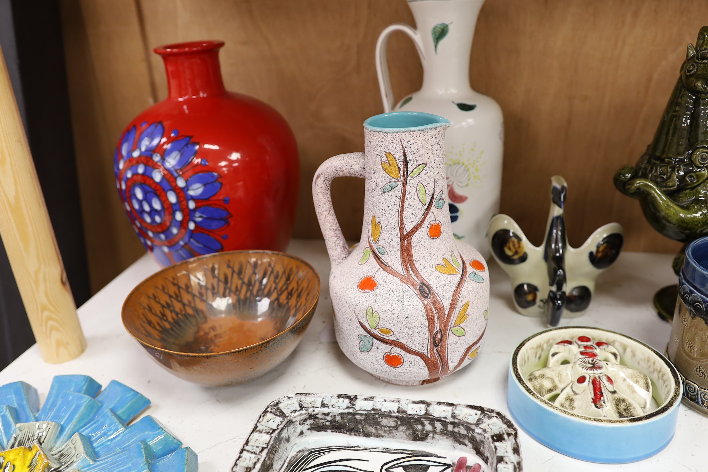 A Scandinavian Mari Simmulson rectangular figural pottery dish, with other assorted Scandinavian and European ceramics, including three Susie Cooper plates, dish: 18cms wide x 27cms high.